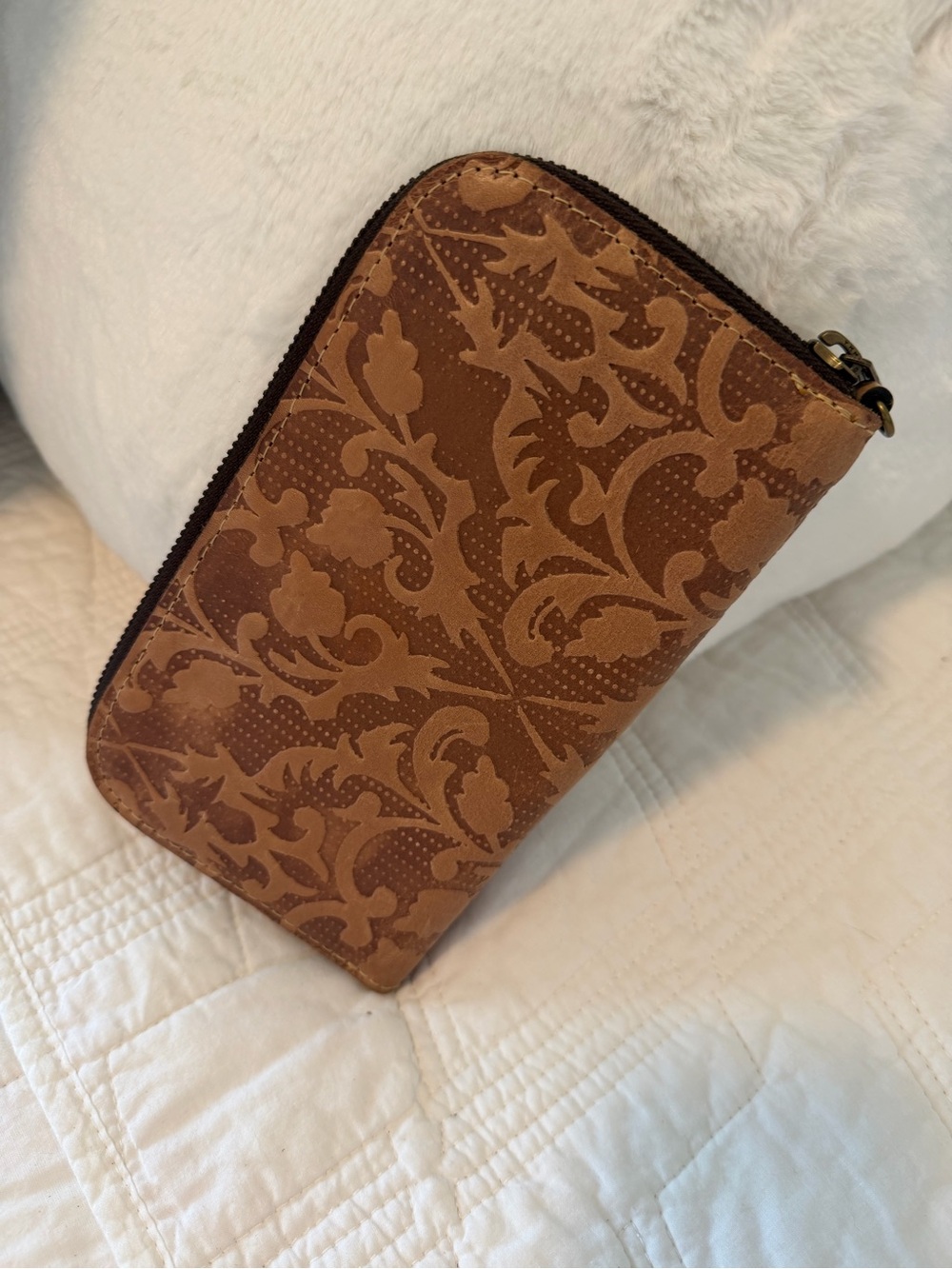 Patricia Nash Embossed Floral Zip Wallet in Full-grain Brown leather. 7.5x4.5